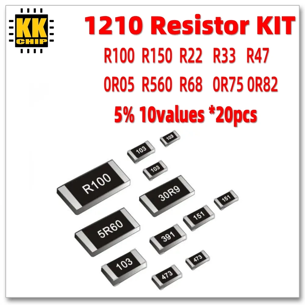 

200pcs/lot 1210 Chip Resistor KIT Low Resistance 0.01R~1R 10values * 20pcs 5% Precision Resistor Amostras