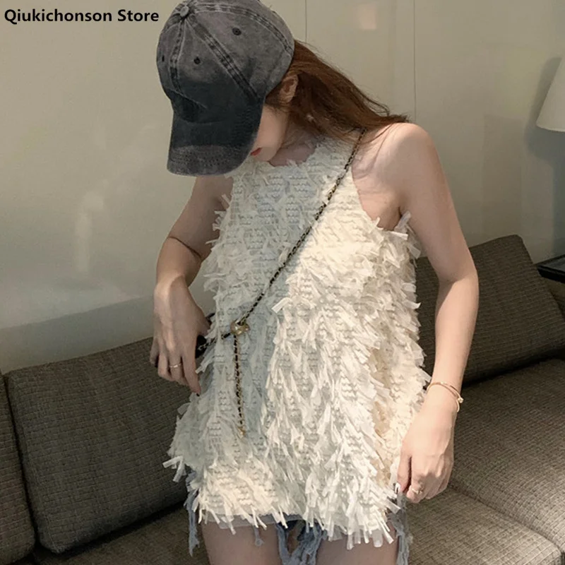 

Qiukichonson Summer crop top Women Lace Tank Top 2021 Korean New Fashion Mesh Patchwork Design Casual O-neck Ladies Vest