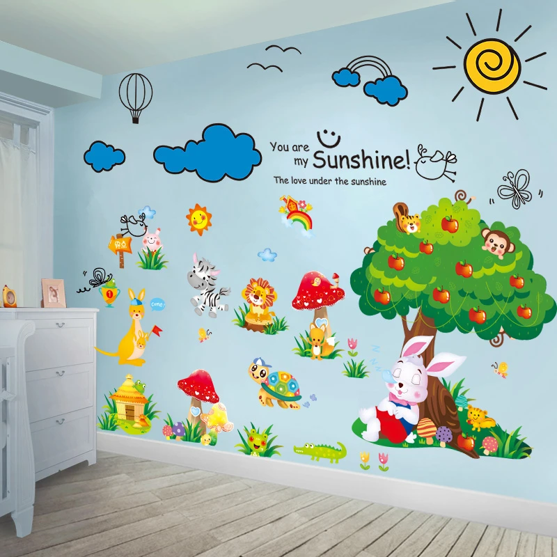 

[shijuekongjian] Turtle Rabbit Tree Animal Wall Stickers DIY Cartoon Clouds Wall Decals for Kids Bedoom Baby Room Decoration