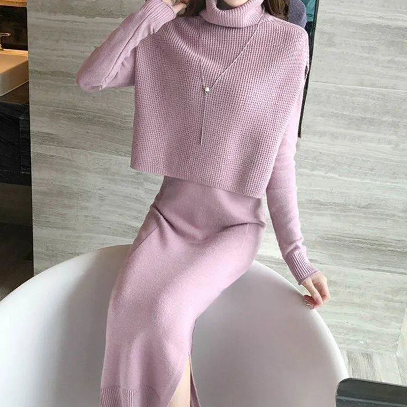 Женское трикотажное платье-двойка повседневное розовое платье-миди с длинным