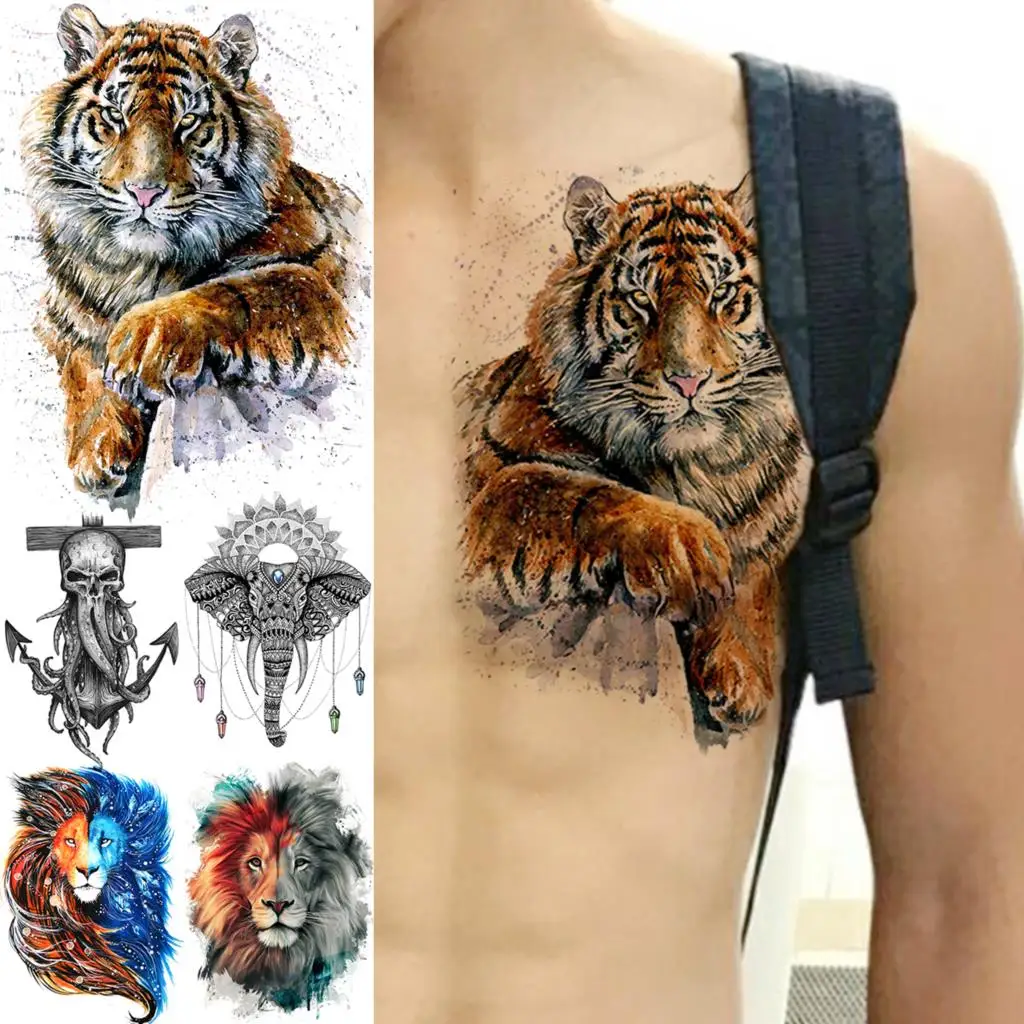 

Водостойкие Временные татуировки для мужчин и женщин, акварельные татуировки с изображением тигра, груди, якоря, Льва, слона, имитация тату, полурукава, тату-наклейки