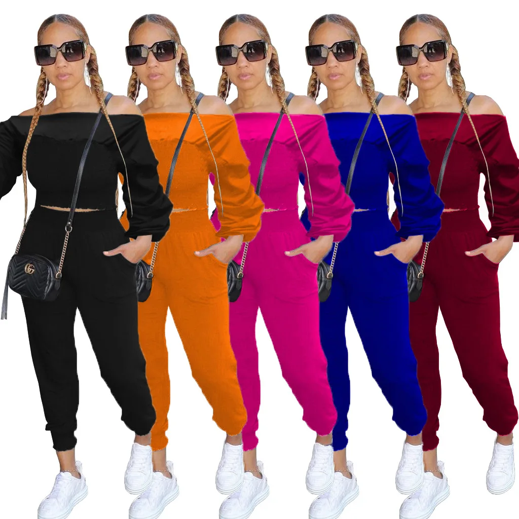 

Sexy Off the Shoulder Lantern Sleeve Crop Top + Sweat Pants Slim Tracksuit Women Casual Sporty Solid Two Piece Set Streetwear