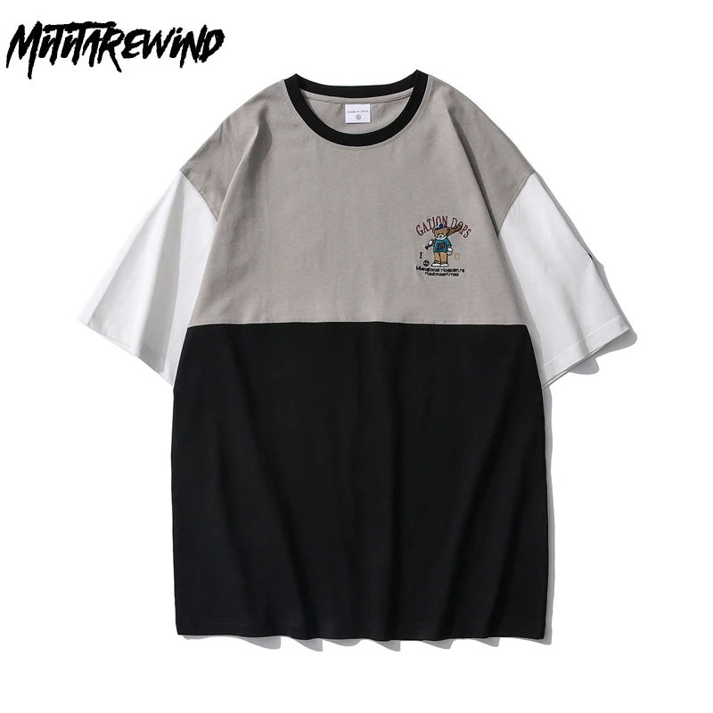 

Summer T Shirt Men Hip Hop Harajuku Bear Embroidery Color Patchwork Short Sleeves Man's T-shirt Loose Casual Tee-shirt Homme
