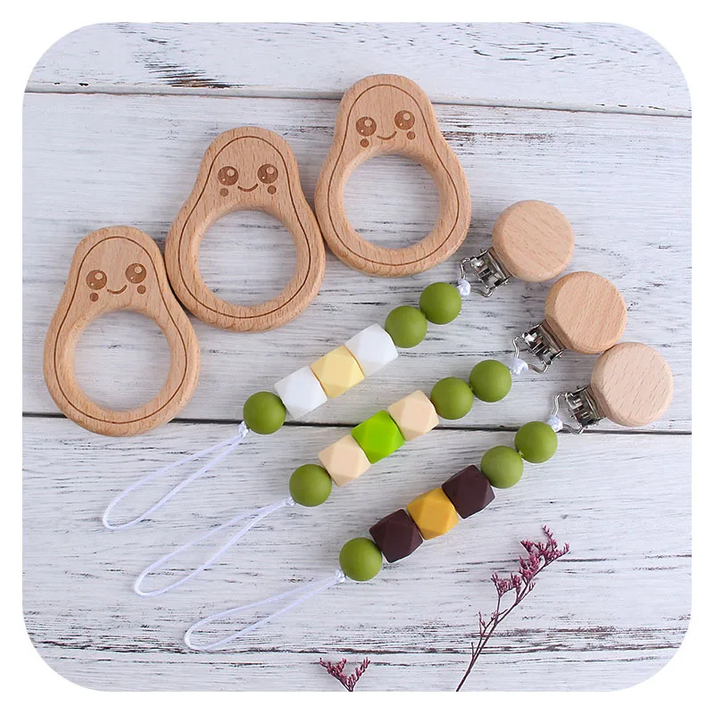 Coskiss-mordedor de madera para beb&eacute;, Clip de madera para chupete, juguetes de dentici&oacute;n para beb&eacute;, dibujos animados de aguacate, cadena de chupete, regalos para beb&eacute;-3