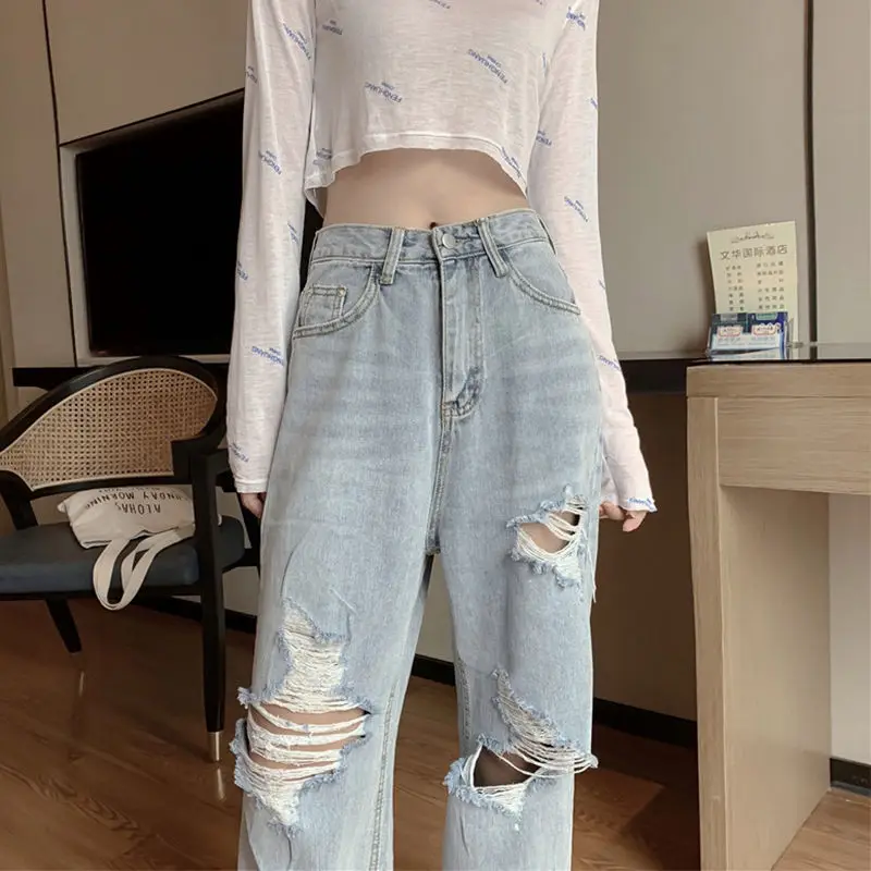 

Women Jeans Design Button Ripped Retro Hole Empire Straight Loose Trousers Mopping Vintage All-match Korean Style Chic Bottom BF