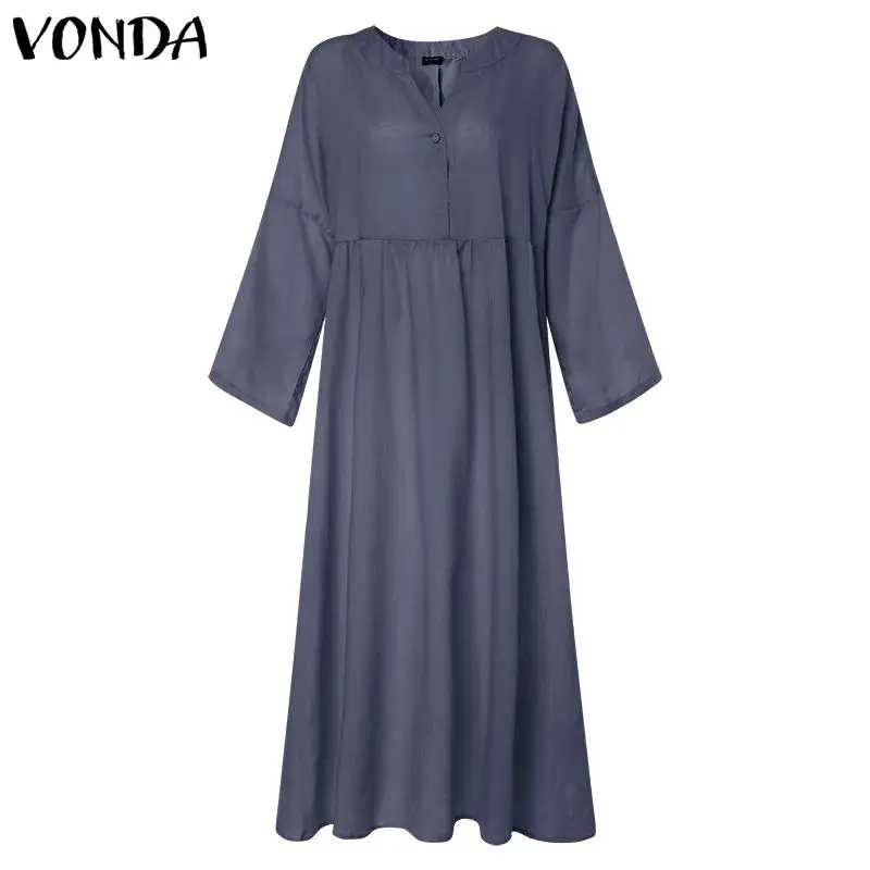Blue VONDA, платье-рубашка, женский сарафан, летний, длинный рукав, v-образный вырез, длинное, макси, Vestidos, Женская Повседневная Туника на пуговицах, халат размера плюс - Цвет: Blue