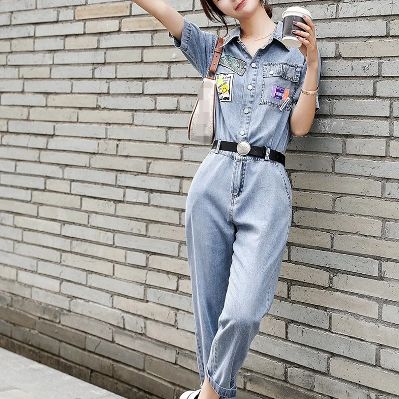 Womens Elegant 2022 New Turn-Down Collar High Street Fashion Denim Rompers Office Lady Korean Style Pockets Casual Jumpsuit