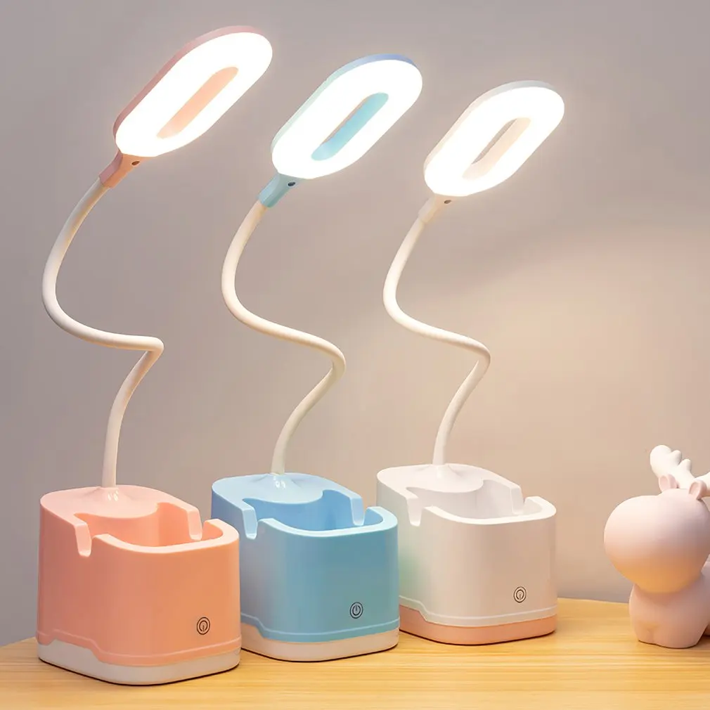 

Creative LED Desk Lamp for Study Bedroom Charging Plug-in Dual-Use Three-Color Temperature Angle Adjustable Learning Pen Storage