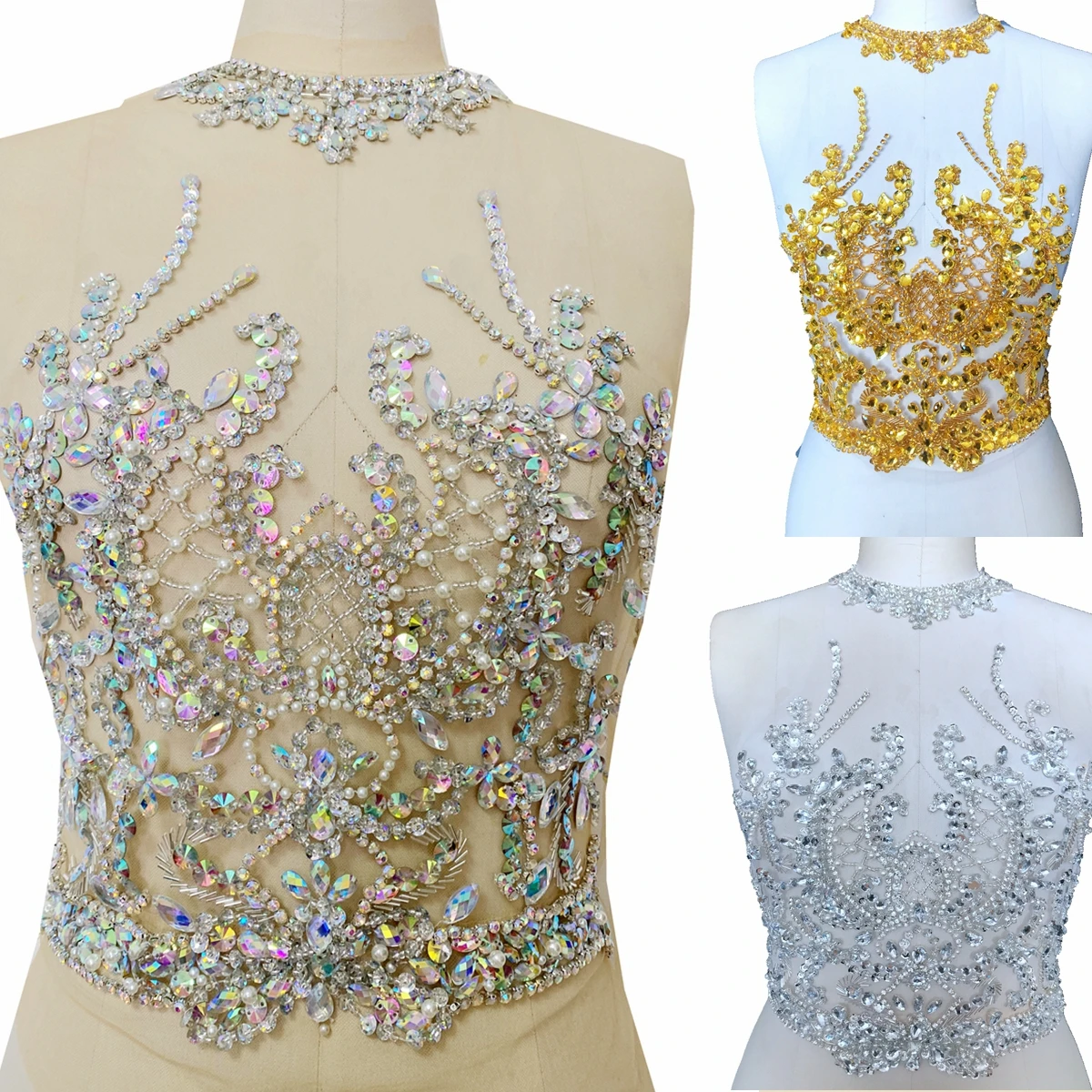 Пришивные блестящие аппликации на белом сетчатом кристалле Обрезанные нашивки