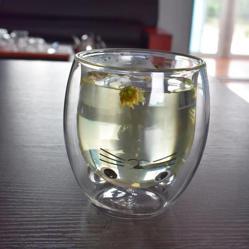 Двойная Изолированная стеклянная чашка креативная большая кошачий узор пара