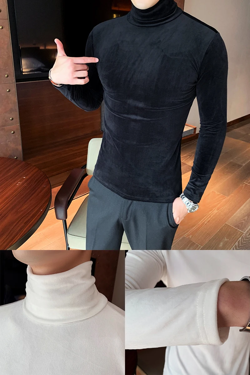 Азиатский размер Slim Fit стрейч бархат водолазка Мужская футболка с длинным