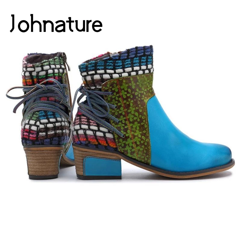 Johnature/ботильоны из натуральной кожи на молнии в стиле ретро с круглым носком