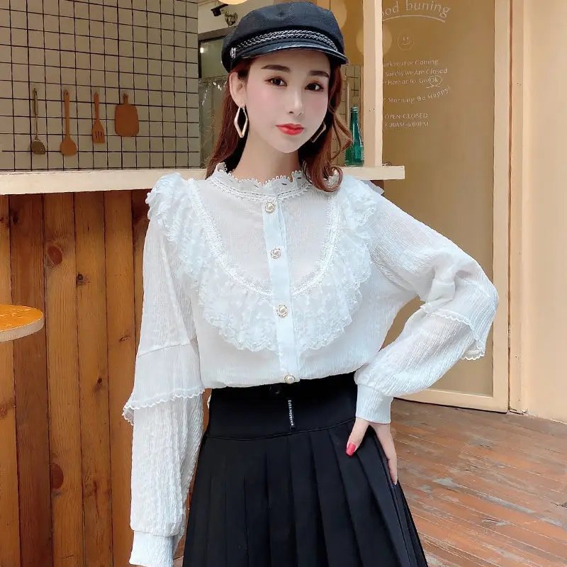 2020 New Arrival Elegant Tops Women Shirt Lace Stitching Lantern Sleeve Doll Collar Korean Style Loose Blouse Blusas  Fashion