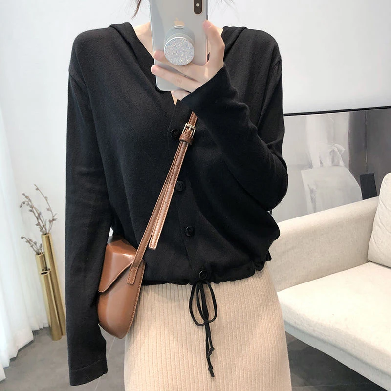 

Casual Drawstring Hooded Sweater Cardigan Women Spring Long Sleeve Single Breasted knitted Jacket korean Short Knitwear Tops