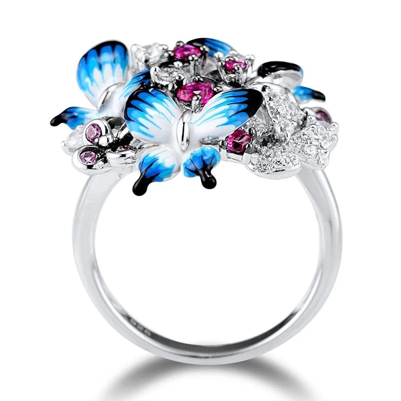 ring size 8 OMHXZJ,, JE46, Модный женский подарок на вечеринку, день рождения, свадьбу, 925 пробы бабочка, серебряное ожерелье+ серьги+ кольцо, ювелирный набор - Цвет камня: ring size 8