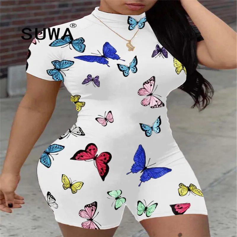 

summer hot recommend short sleeve printing with standing collar sheath jumpsuits beach style lady fashion overalls