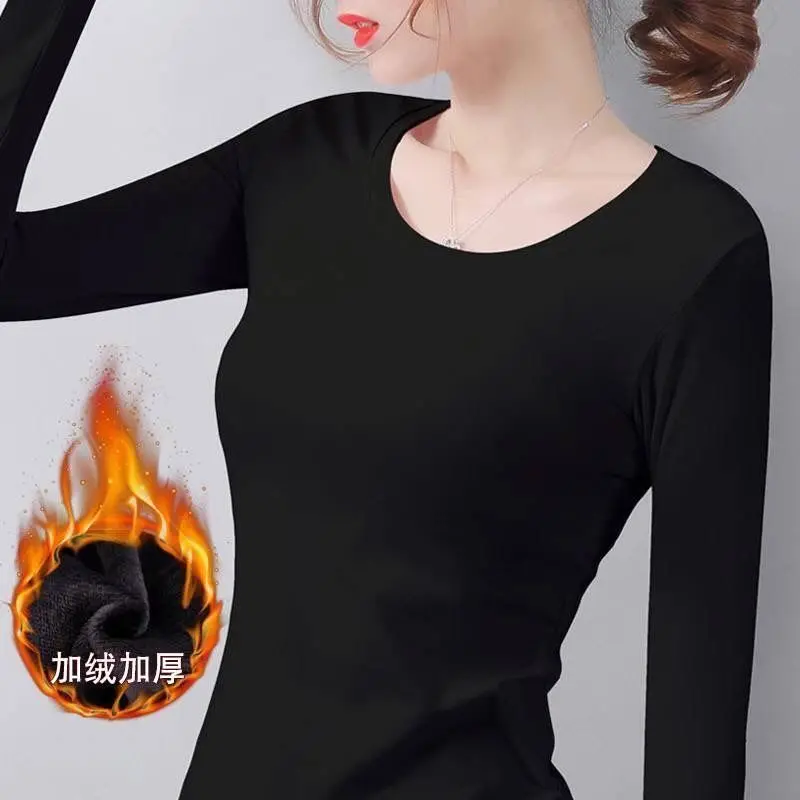 

Plus velvet padded long-sleeved T-shirt winter jacket warm t-shirt bottoming shirt women thermal tops inner wear for women