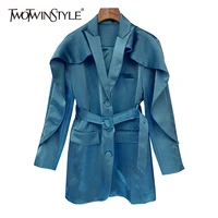 twotwinstyle temperament solid blazer for women notched long sleeve sashes casual blazers female fashion new clothing 2021