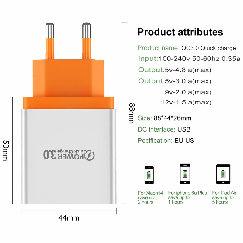 USLION 3 Ports USB Charger Quick charge 3.0 for iPhone X S 8 7 6 EU&US Plug Fast Wall Charger Charging For Samsung Xiaomi Huawei