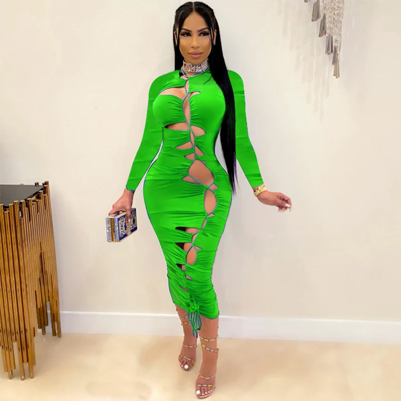 

Kricesseen Sexy Blue Bandage Midi Dress Women Long Sleeve Lace Up Bodycon Solid Hollow Out Party Clubwear Dress Outfits