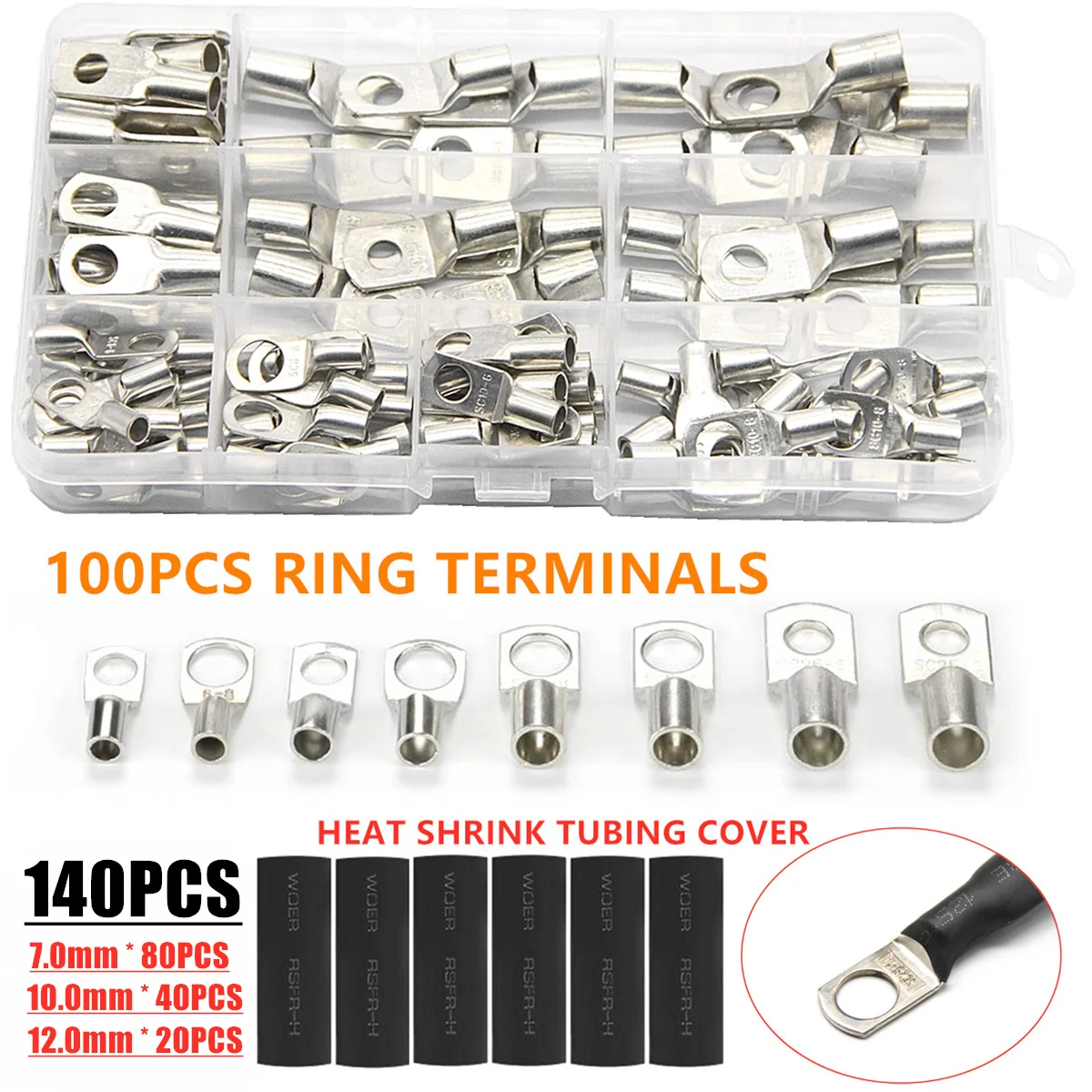 

240PCS SC Bare Terminals lug Tinned Copper Tube Lug Ring Seal Battery Wire Connectors Bare Cable Crimped/Soldered Terminal Kit