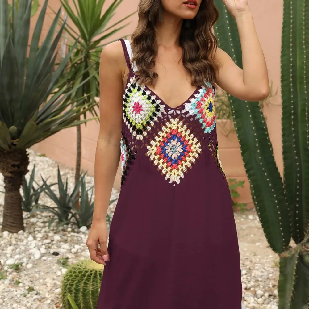 Платье женское вязаное на бретелях-спагетти пляжный накидка в стиле пэчворк с