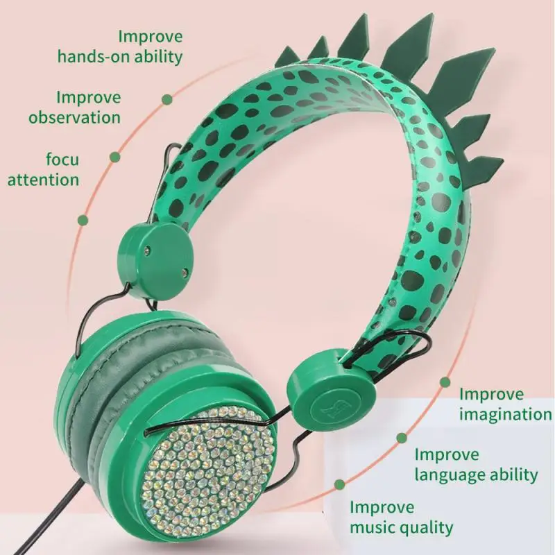 New 3.5mm Wired Headphones Green Dinosaur Children's Headset Music Headphones With Microphone For Children's Learning Games