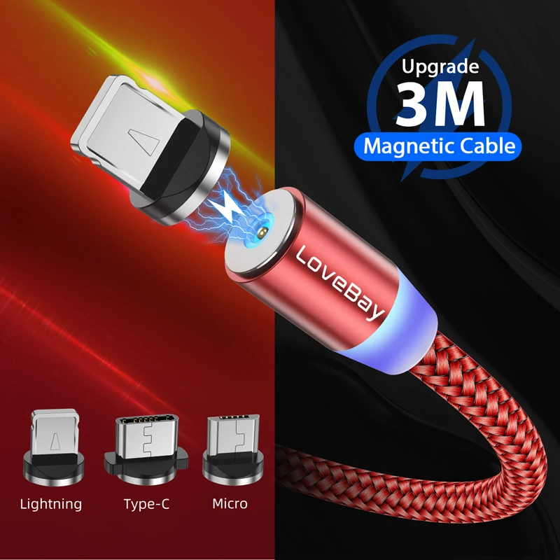 

Lovebay 2M LED Magnetic USB Cable Type-C Micro USB Cable Magnet Charger Wire Cord Fast Charging For iphone 12 pro Max Samsung