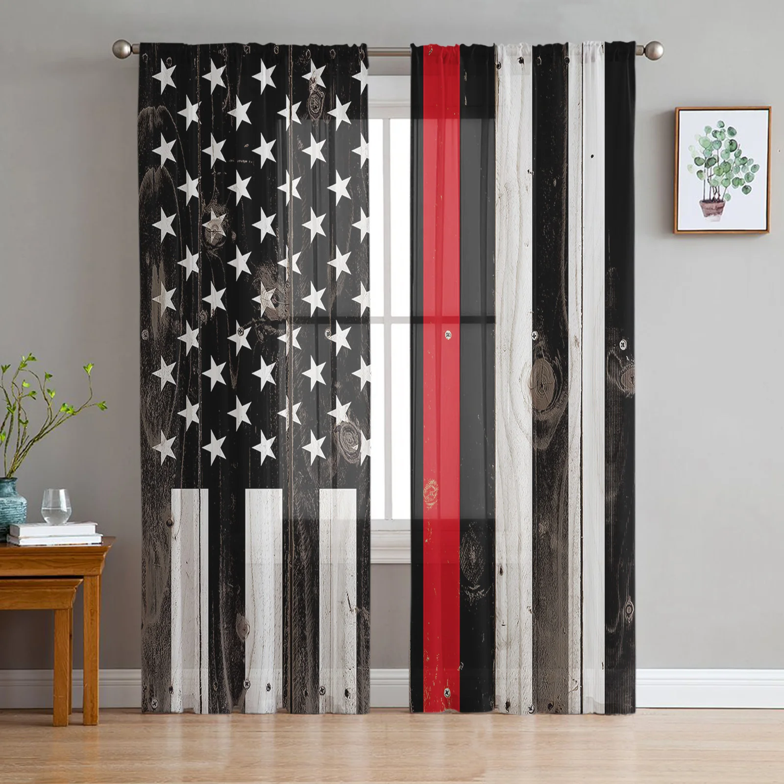 Прозрачные шторы с американским флагом красные линии под дерево для гостиной