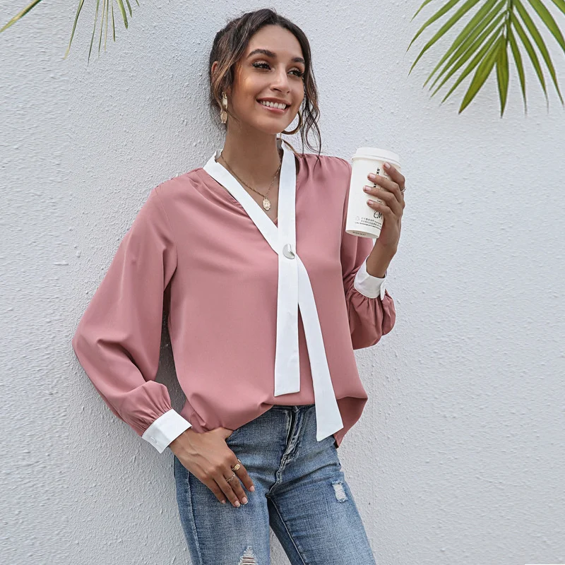 

Женская футболка с V-образным вырезом, Повседневная однотонная блузка, весна-осень 2021