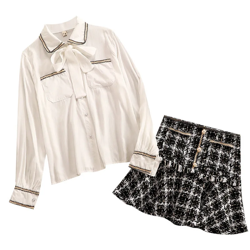 The new autumn dress of 2019 net red Western-style shirt tweed skirt and two-piece suit for Female Spring | Женская одежда