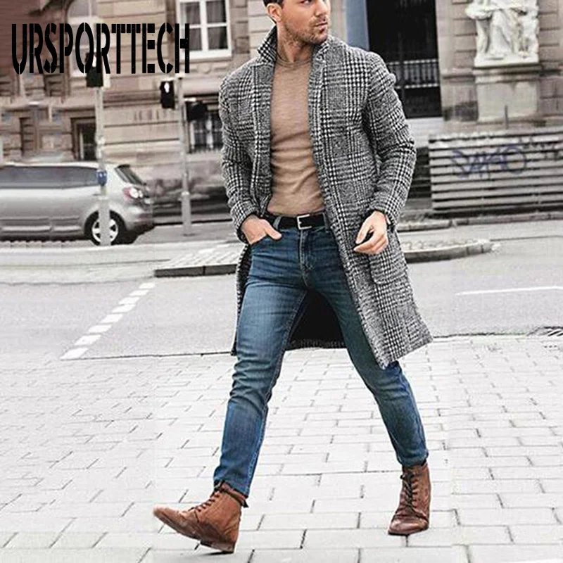 Осенне-зимнее винтажное мужское клетчатое шерстяное пальто средней длины с
