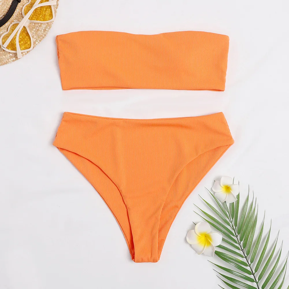 

2021 new high waist tube top double-sided solid color split swimsuit swimsuit