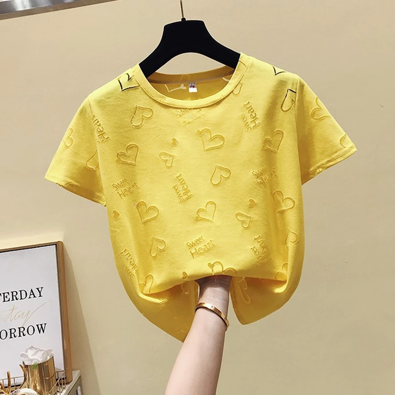 

New Summer Korean Hollow Out Sweet Heart T Shirt Women Casual O Neck Short Sleeve Fashion Slim Tee Shirt Femme Ins Pullover Tops