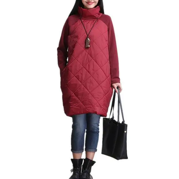 2019 Плюс Размер Осень Зима Женское платье Turtleneck водолазка свободное лоскутное