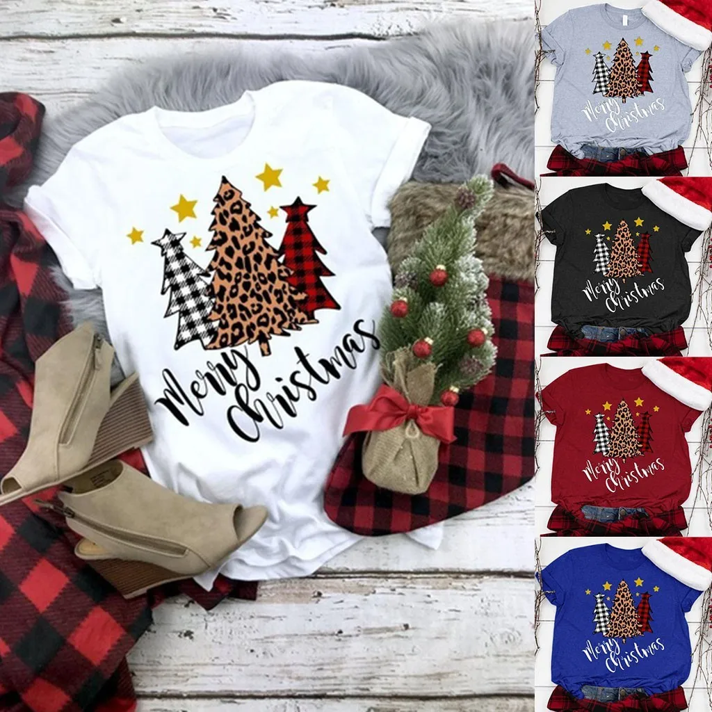 Женская клетчатая Новогодняя Футболка с принтом новогодней елки женская