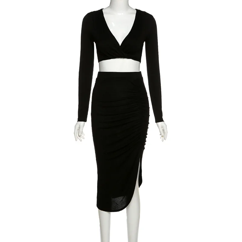 

WJFZQM Two-piece Women Outfits Long Sleeve Sling Crop Tops Bodycon Irregular Skirts Club Streetwear Sexy Summer Fall Clothes