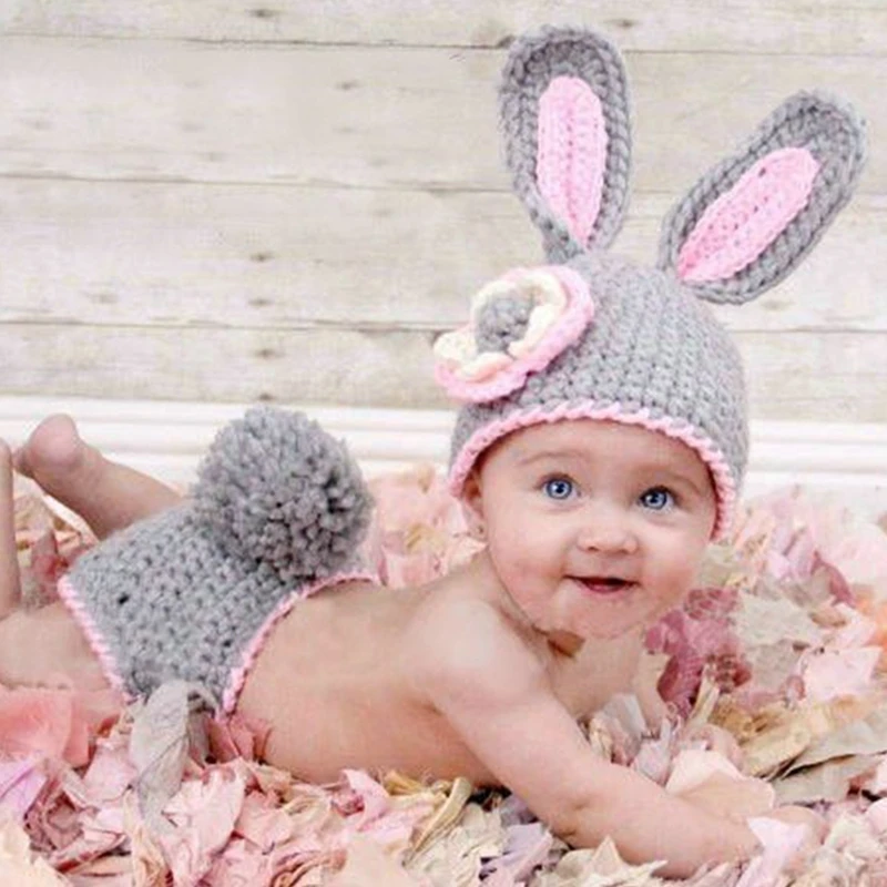

Baby Rabbit Costume Girl Flower Hat Newborn Crochet Outfits Photography Props