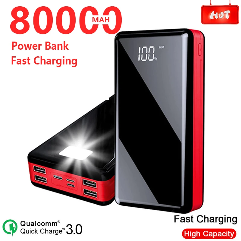 Мобильный Внешний аккумулятор 80000 мАч светодиодный дисплей Портативная зарядка