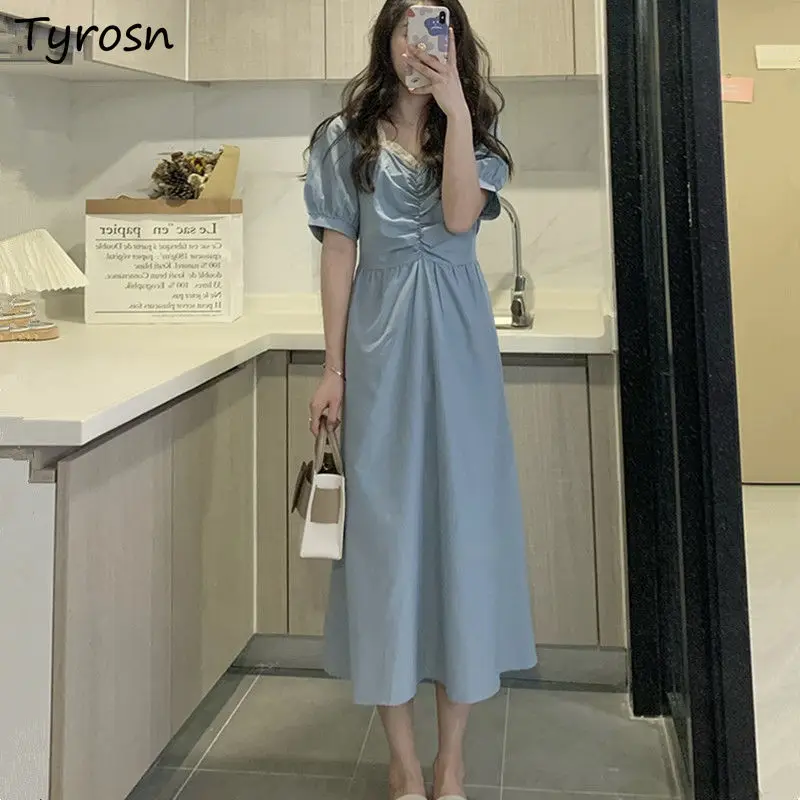 

Short Sleeve Dress Women Square Collar Blue Gentle Lace Belt Midi Dresses Defined Waist French Style Puff-sleeve Vestidos Femme