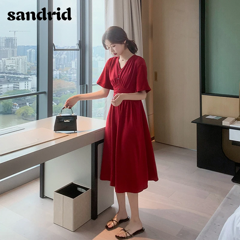 Женское шифоновое пляжное платье sandrid красное однотонное с V образным вырезом
