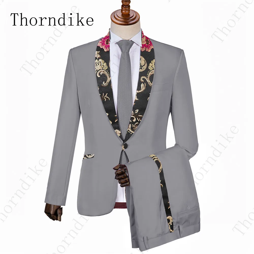 Мужской вечерний костюм Thorndike серый из двух предметов с жаккардовой шалью и