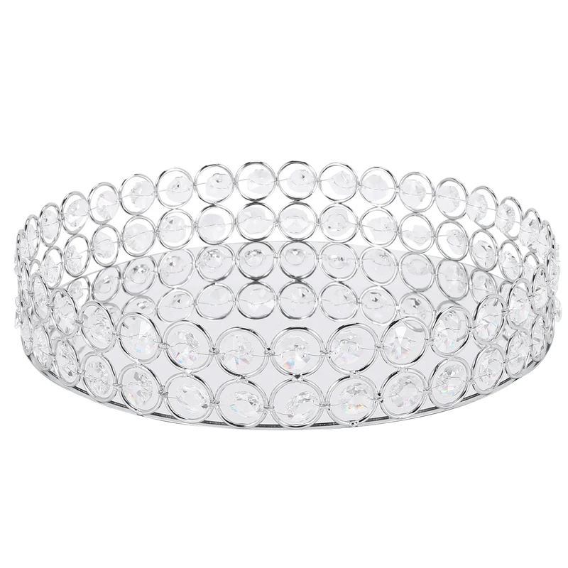 

Silver Round Mirror Decorative Cosmetics Storage Box Tray, Wedding Home Decoration Rack