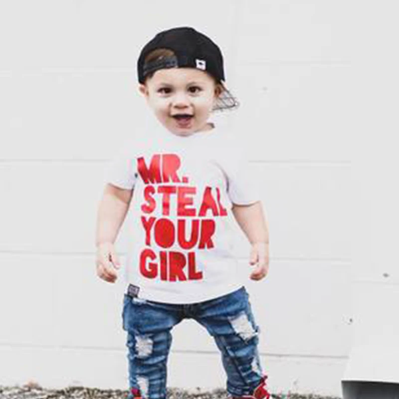 Летняя хлопковая одежда для маленьких мальчиков белая футболка Топы с забавными