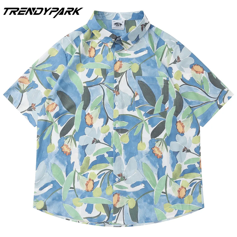 

Men's Shirt Summer Short Sleeve Printed Blouse Hip Hop Oversized Casual Harajuku Streetwear Single-breasted Collar Tops Shirts