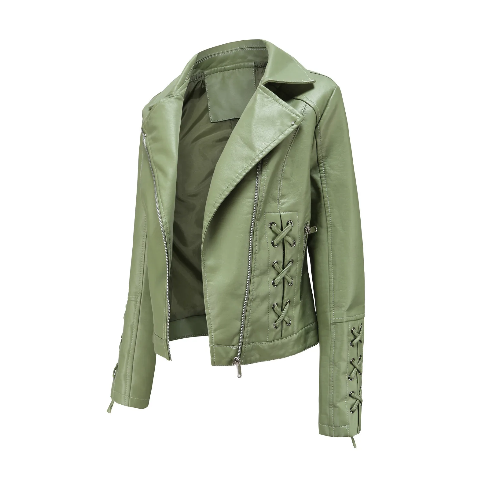 

New winter women's faux leather jacket motorcycle red white coat lapel pocket PU motorcycle jacket loose street coat