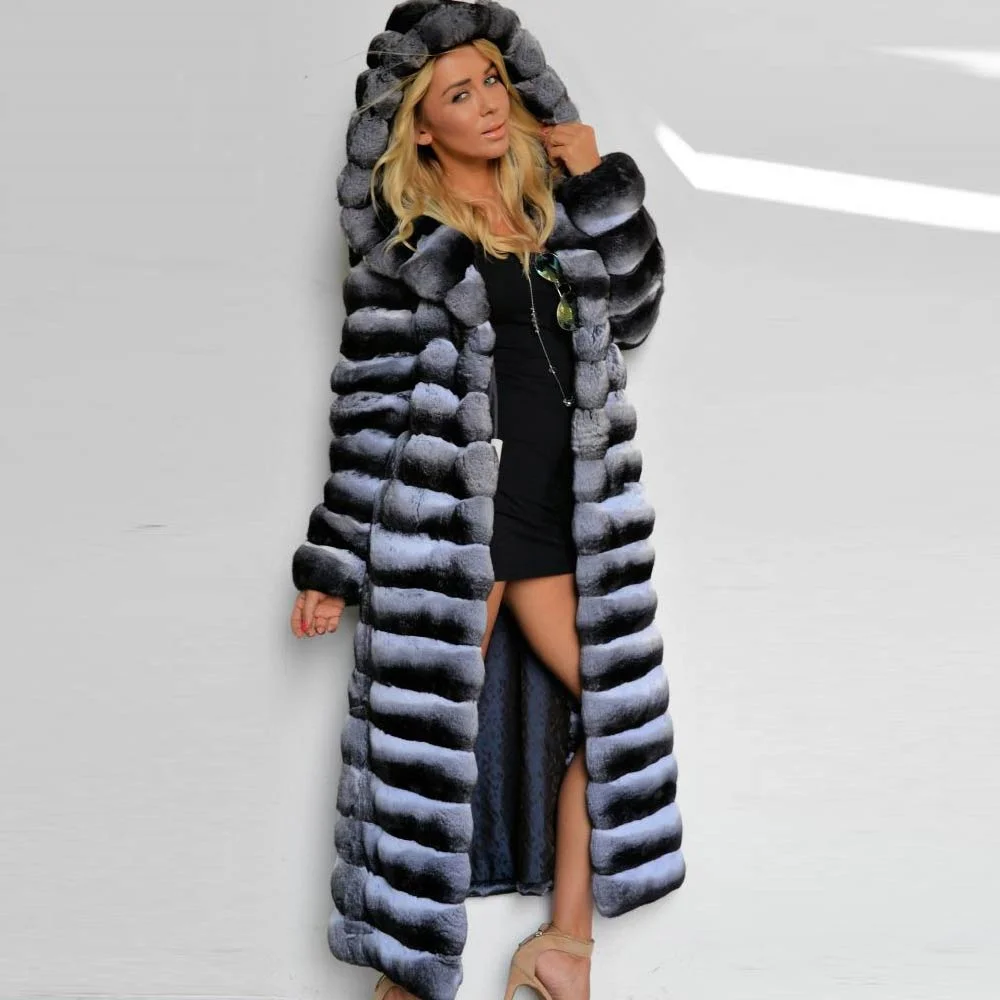 

130cm X-long Natural Women Rex Rabbit Fur Coat with Hood 2021 New Full Pelt Genuine Rex Rabbit Fur Coats Chinchilla Color Outfit