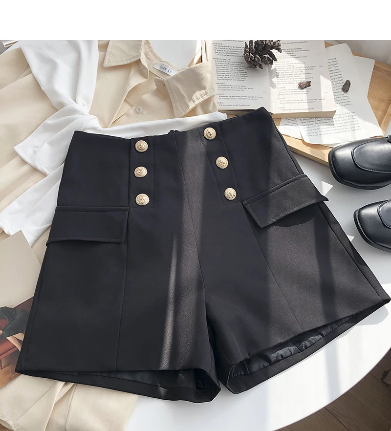 

Double-breasted fake pocket high-waist A-line wide-leg pants women's spring Korean retro wild thin casual shorts hot pants