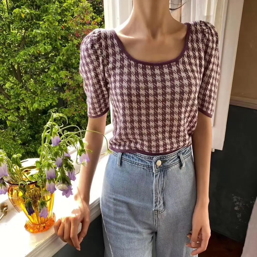 

Vintage Hit Color Patchwork Plaid Women Knit Sweaters 2020 New Chic Short Sleeve Sweet Jumper Femme Korean Pullovers Female