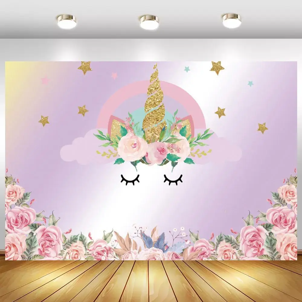 

Unicorn Flowers Stars Birthday Photocall Photography Backdrops Newborn Backgrounds My First Communion Photophone Props